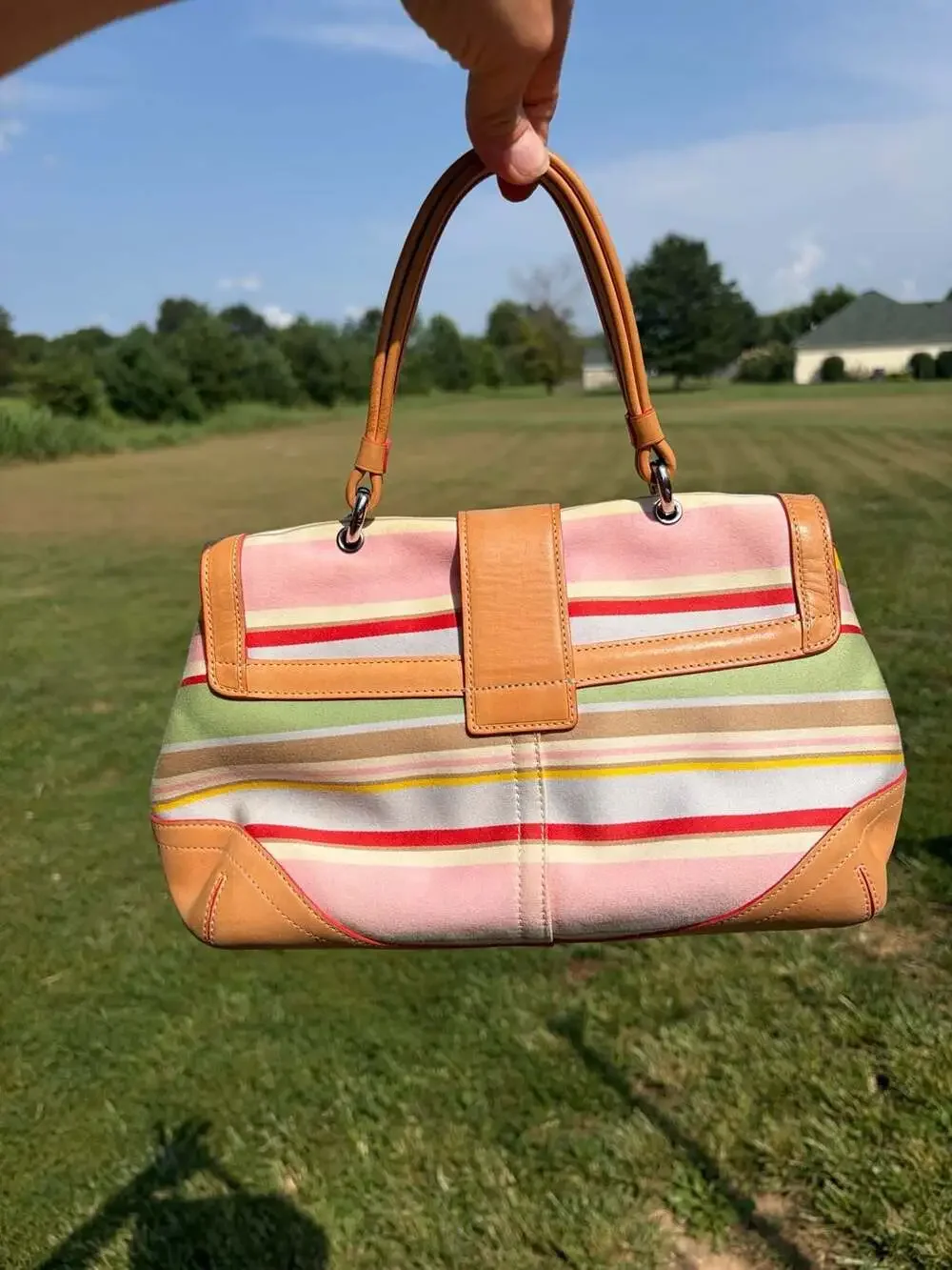 Coach Soho Multi-Stripe Canvas and Leather Satchel with Daisy Charm